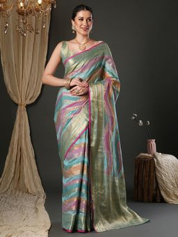Sareemall - Women Organza Light Blue Woven Design Saree with Unstitched Blouse