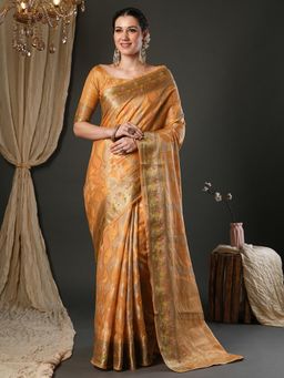 Sareemall - Women Organza Orange Woven Design Designer Saree with Unstitched Blouse