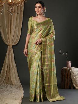 Sareemall - Women Organza Light Green Woven Design Saree with Unstitched Blouse