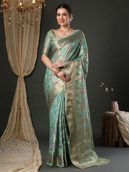Sareemall - Women Organza Light Blue Woven Design Saree with Unstitched Blouse