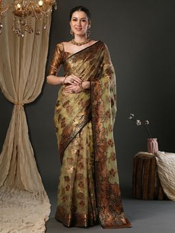 Sareemall - Women Organza Beige Woven Design Designer Saree with Unstitched Blouse