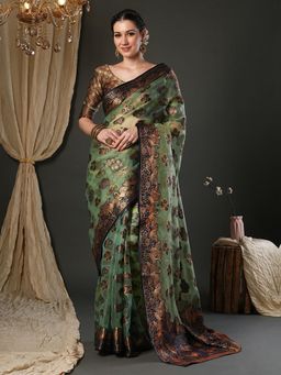 Sareemall - Women Organza Green Woven Design Designer Saree with Unstitched Blouse