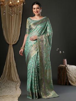 Sareemall - Women Organza Light Blue Woven Design Saree with Unstitched Blouse