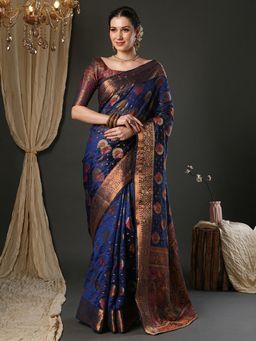 Sareemall - Women Organza Navy Blue Woven Design Designer Saree with Unstitched Blouse
