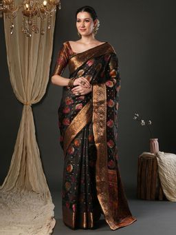 Sareemall - Women Organza Black Woven Design Designer Saree with Unstitched Blouse