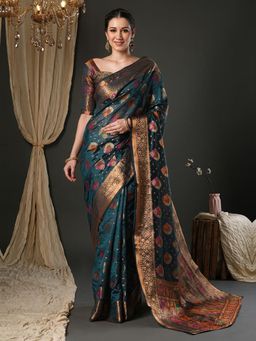 Sareemall - Women Organza Teal Blue Woven Design Designer Saree with Unstitched Blouse