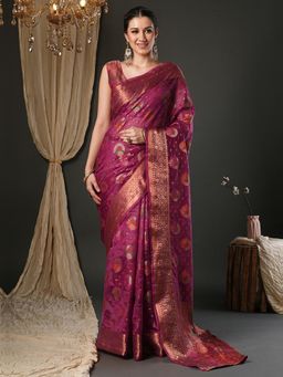 Sareemall - Women Organza Pink Woven Design Designer Saree with Unstitched Blouse