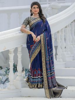 Sareemall - Women Viscose Silk Navy Blue Woven Design Saree with Unstitched Blouse