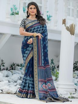 Sareemall - Women Viscose Silk Navy Blue Woven Design Saree with Unstitched Blouse