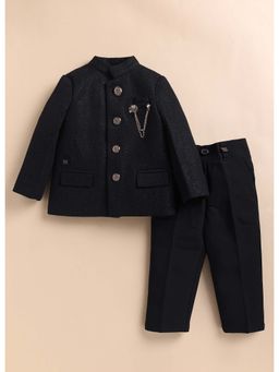 Little Collars - Black Full Sleeves Jacquard Coat and Trouser Coat Set with Brooch