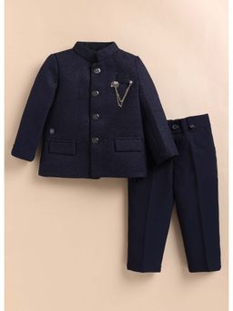 Little Collars - Blue Full Sleeves Jacquard Coat and Trouser Coat Set with Brooch