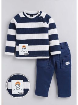 Little Collars - Blue Knitted Knit Full Sleeves Stripes T-Shirt with Pant and Shirt