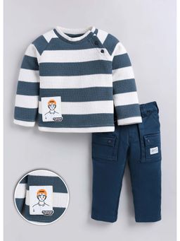 Little Collars - Grey Knitted Knit Full Sleeves Stripes T-Shirt with Pant and Shirt
