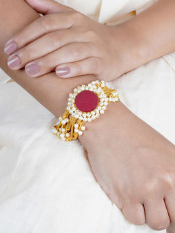 Teejh - Eiravathi Red Studded Layered Chain Pearl Bracelet