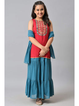 Aurelia - Girls Red Embroidered Kurta with Blue Skirt and Dupatta (Set of 3)