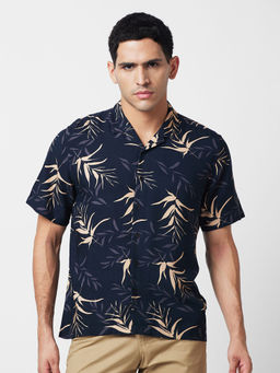 Globus - Men Black Cuban Collar Tropical Print Smart Causal Shirt