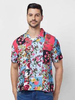 Globus - Men Blue Cuban Collar Floral Patch Print Opaque Smart Casual Shirt