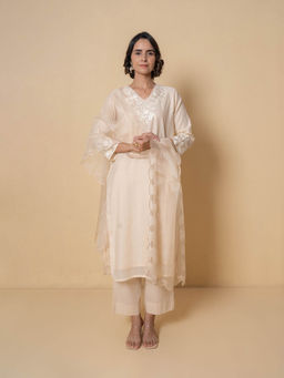 Kameez - Beige Embroidered Chanderi Kurta with Pant and Dupatta