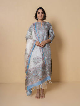Kameez - Grey Floral Block Print Tussar Silk Kurta with Dupatta