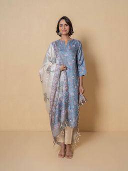 Kameez - Blue Floral Block Print Tussar Silk Kurta with Dupatta
