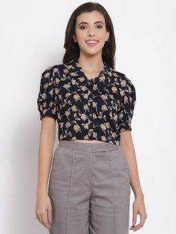 Ayrolane - Black Printed Crop Collar Top