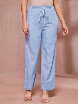 Fabindia - Light Blue Cotton Solid Casual Pant