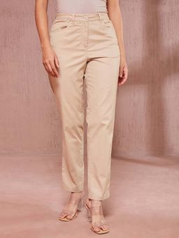 Fabindia - Beige Cotton Full Length Formal Slim Pant