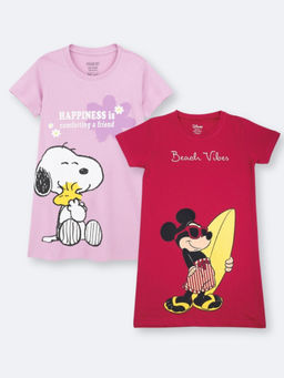 Napchief - Girls Red & Lavender Snoopy and Mickey Mouse Dresses (Pack of 2)