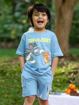 Napchief - Unisex Blue Tom and Jerry High Five T-Shirt & Shorts (Set of 2)