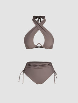 Cider - Solid Criss Cross Halter Underwire Bikini Set