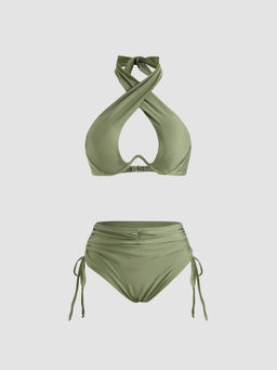 Cider - Solid Criss Cross Halter Underwire Bikini Set