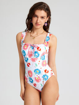 Cider - Color Floral Knotted One Piece Swimsuit