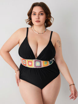Cider - Color Crochet Corset Ruched One Piece Swimsuit Curve & Plus