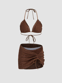 Cider - Halter Lettuce Trim Bikini Swimsuit With Drawstring Ruched Cover Up Skirt