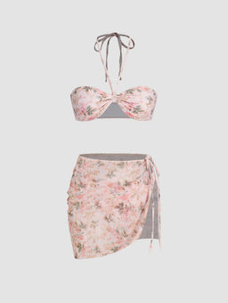 Cider - Halter Floral Cheeky Bikini Swimsuit With Mesh Sarong