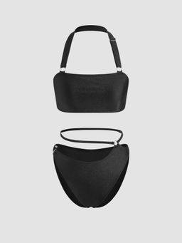 Cider - Halter Ring Linked Solid Cheeky Bikini Swimsuit