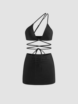 Cider - Asymmetrical Neck Solid One Shoulder Cheeky Bikini Swimsuit With Cover Up Skirt