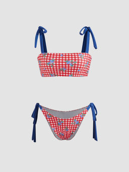 Cider - Square Neck Check Cherry Graphic Knotted Bracelet Tie Side Bikini Swimsuit