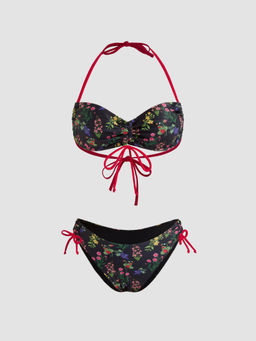 Cider - Halter Floral Bowknot Drawstring Bracelet Cheeky Bikini Swimsuit