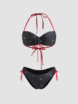 Cider - Halter Floral Bowknot Drawstring Bracelet Cheeky Bikini Swimsuit