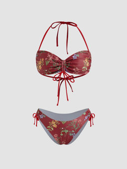 Cider - Halter Floral Bowknot Drawstring Bracelet Cheeky Bikini Swimsuit