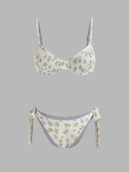 Cider - Square Neck Floral Shirred Underwire Tie Side Bikini Swimsuit