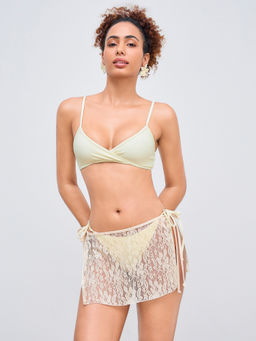 Cider - V-neck Solid Bracelet Tie Side Bikini Set With Lace Cover Up Skirt