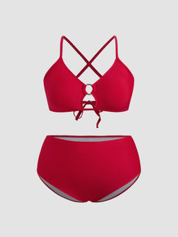 Cider - V-neck Solid Criss-Cross Cheeky Shaping Bikini Set Curve & Plus