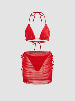 Cider - Multi-way Solid Triangle Tie Side Bikini Set With Mesh Cover Up Skirt