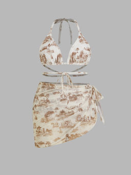 Cider - Shaping Halter Toile de Jouy Triangle Cheeky Bikini Set & Sarong Curve & Plus