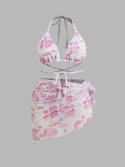 Cider - Shaping Halter Toile de Jouy Triangle Cheeky Bikini Set & Sarong Curve & Plus