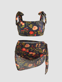 Cider - Square Neck Floral Bracelet Cheeky Shaping Bikini Set With Sarong Curve & Plus