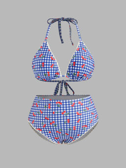 Cider - V-neck Gingham Cherry Graphic Bikini Swimsuit Curve & Plus