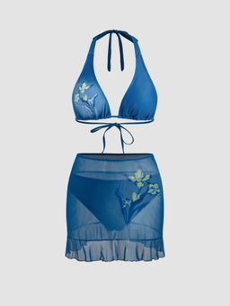 Cider - V-neck Floral Halter Cheeky Bikini Swimsuit With Floral Cover Up Skirt